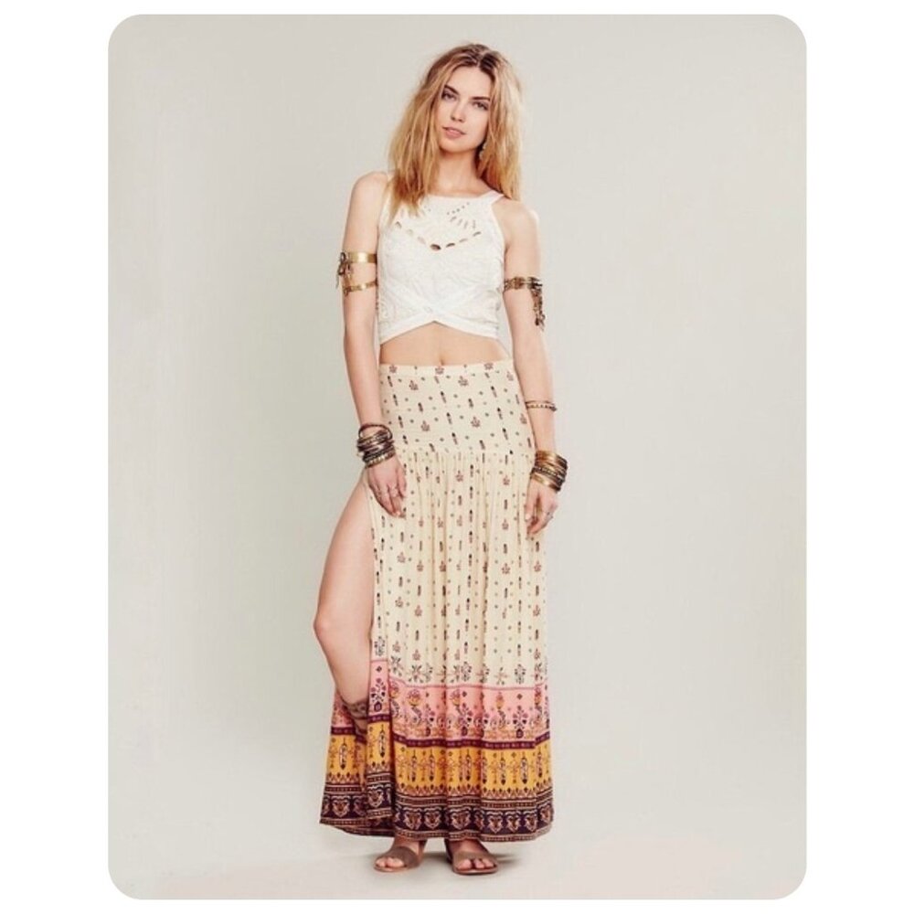 Spell Cream Maxi Skirt with Pink and Mustard Border